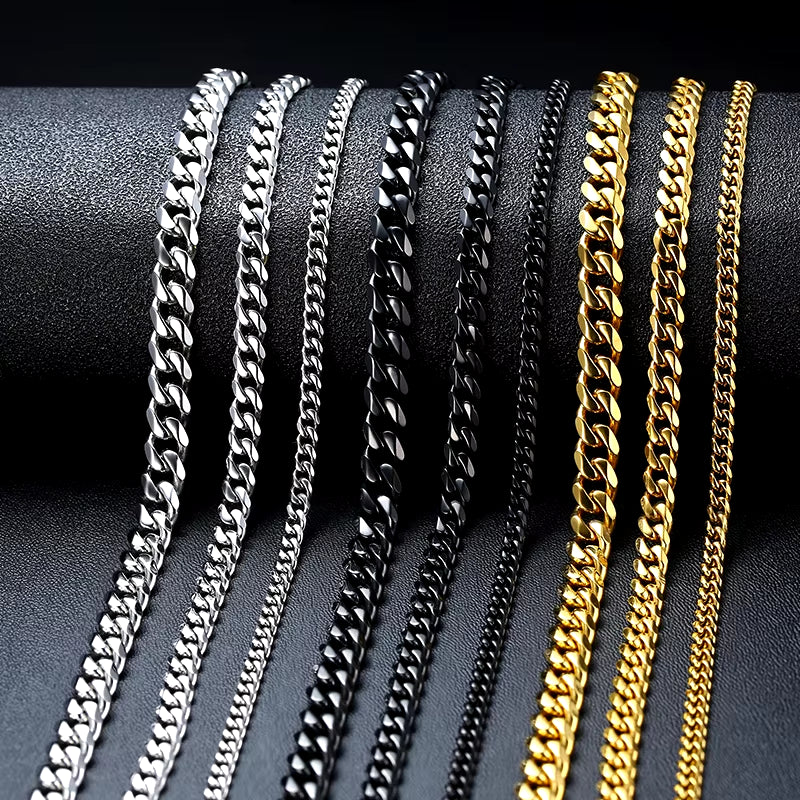 Basic Punk Cuban Necklaces for Men Women,3/5/7/9/11Mm Stainless Steel Miami Curb Collar,Retro Silver Black Gold Color Chain Gift